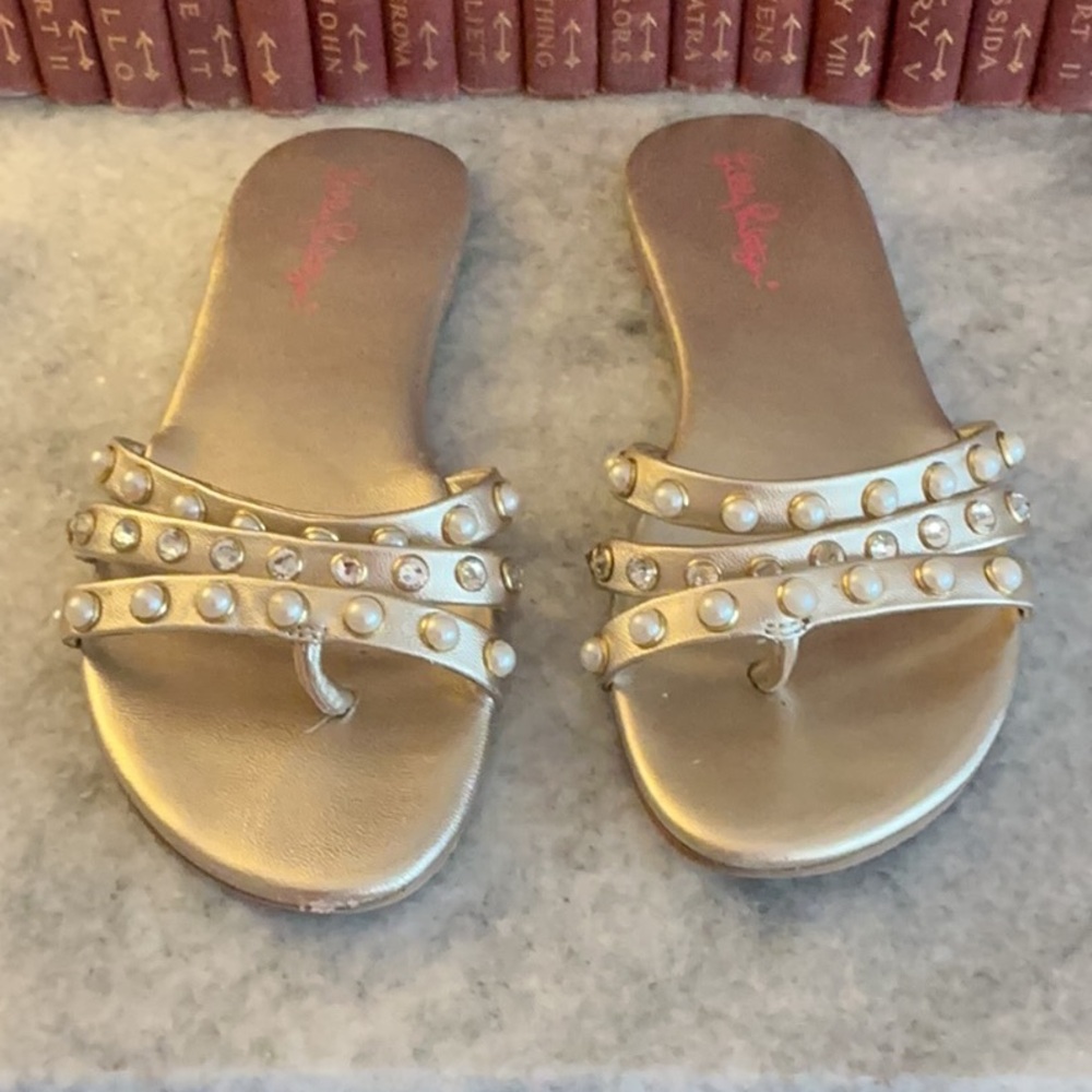 Lilly Pulitzer Gold Rhinestone Pearl TABBIE Thong Sandals GUC 6.5M - Picture 2 of 4